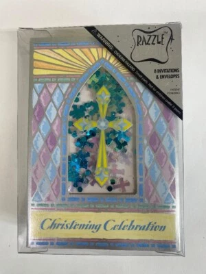 Paquete de 8 invitaciones de fiesta religiosa azul cruz bautizo Foto 1 de 2