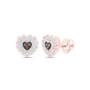 10K Rose Gold Real Brown Diamond Women's Cluster Wavy Heart Stud Earrings 1/6 CT - Picture 1 of 1