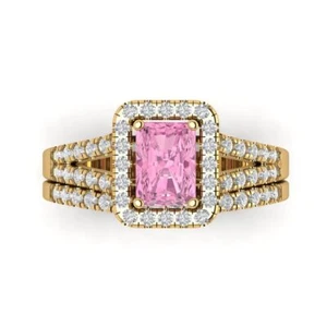 Anello da sposa 1,6 ct smeraldo taglio tondo aureola pietra rosa oro giallo massiccio 14 kt - Foto 1 di 5