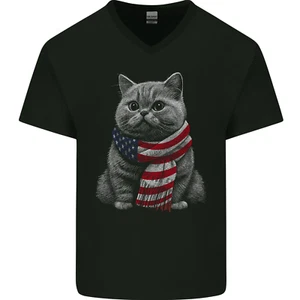 Gato En USA Bufanda Bandera Americana Camiseta De Cuello En V De Algodón - Imagen 1 de 3