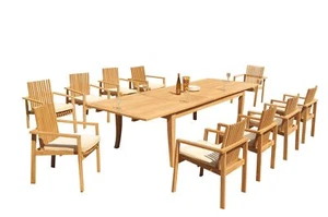 11pc Grade-A Teak Dining Set Atnas Rectangle Table Clipper Stacking Arm Chairs - Picture 1 of 4
