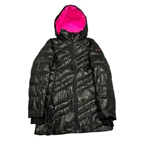 SPYDER FULL ZIP DOWN PUFFER BUBBLE PARKA JACKET SKI BLACK PINK WOMENS LARGE - Picture 1 of 9