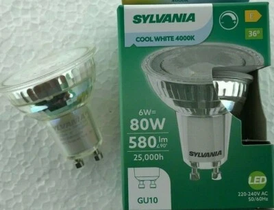 6 X 6W HIGH OUTPUT GU10 LED bulb SYLVANIA 580lm COOL WHITE 4K DIMMABLE - Image 1 of 4