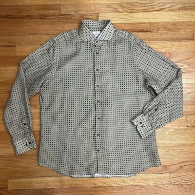 Emanuel Berg Modern Fit Button-Up Dress Shirt XL Tan/Blue Polka Dot 100% Linen - Image 1 of 4