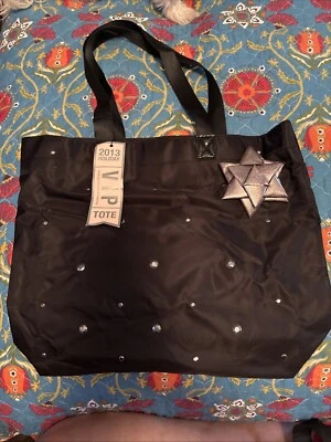 NEW Victorias Secret Tote Bag VIP Black Studded Silver Bow 2013 Holiday Shop Zip - Image 1 of 4