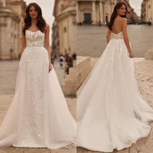 Boho Mermaid Wedding Dresses Strapless Detachable Train Lace Beaded Bridal Gowns - Picture 1 of 10