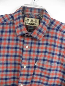 BARBOUR UK MENS LARGE CASUAL FLANNEL SHIRT BLUE GREY ORANGE CHECK COTTON OUTDOOR - Picture 1 of 6