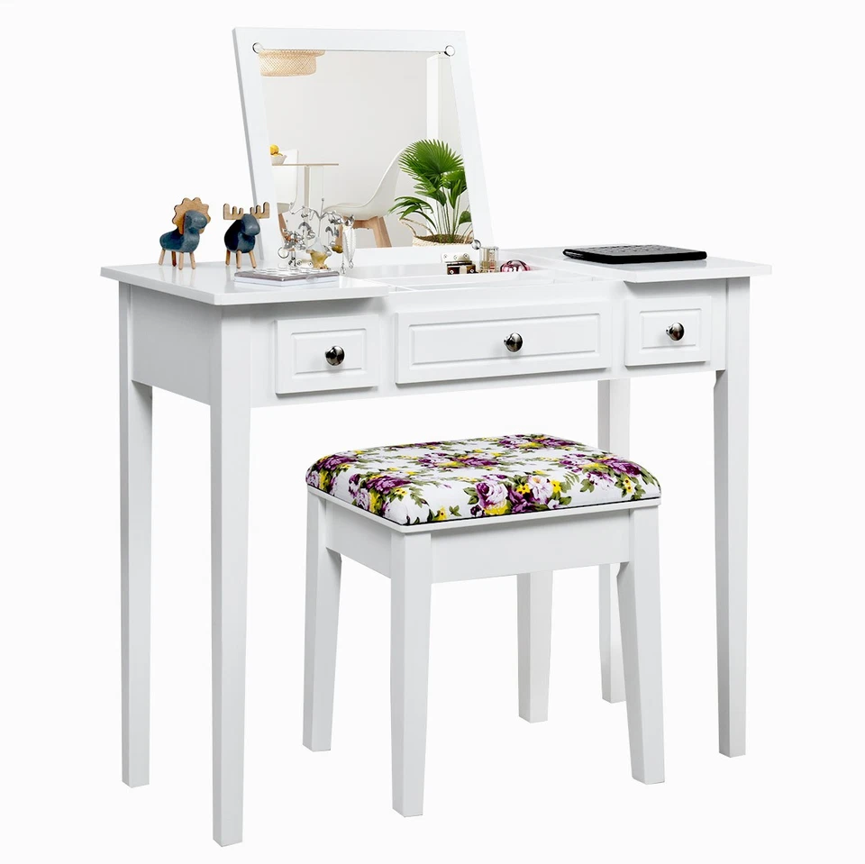 Costway HW60150 3-Drawer Vanity Dressing Table Set with LED Illuminated Mirror and Cushioned Stool - White