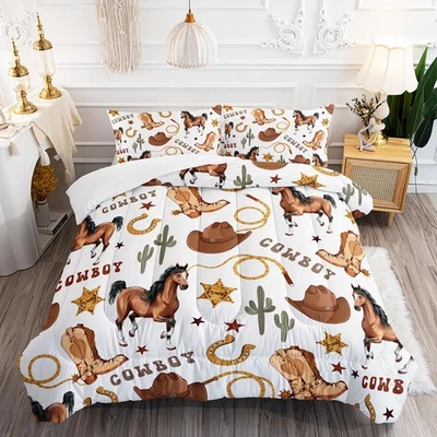 Edredom cavalo ocidental 3 peças duplo marrom selvagem cavalo bota cowboy chapéu cama cacto... - Imagem 1 de 4