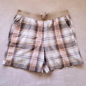 Basic Edition hellbraun weiß pfirsich kariert Pull-On elastische Taille Baumwolle Shorts Herren M - Bild 1 von 4
