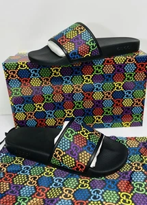 Gucci GG Logo Monogram Psychedelic Colorful Luxury Slides Men's Sz 12 - Picture 1 of 16