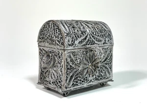 Continental European Silver Metal Filigree Miniature Casket Chest Jewellery Box - Picture 1 of 24