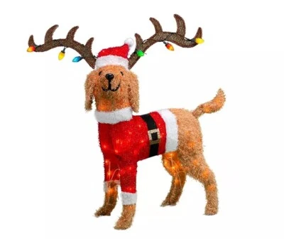 32” Tinsel Dog Goldendoodle w/ Antlers Light Up Yard Art Fuzzy Christmas Decor - Image 1 of 3