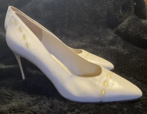 Vintage Nordstrom 3” Healed Dress Shoe Pumps Cream Leather With Gold Accents Sz8 - Picture 1 of 5