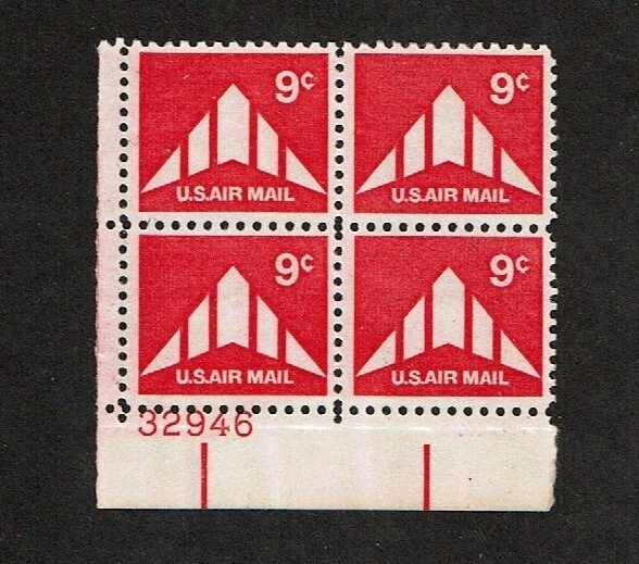 1971 U.S AIRMAIL CLASSICS 9c DELTA WING  Plt # Blk of 4  Sc#C77 M/NH/OG Fresh!^ - Image 1 of 1