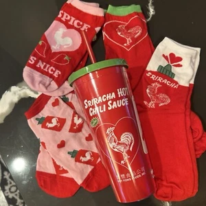 Sriracha Damen Hahn Herz rote Socken und Reisebecher Strohhalmdeckel - Bild 1 von 7