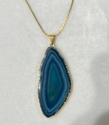 Blue Agate Stone Slice Pendant Necklace 28" Gold Tone Chain - Image 1 of 4
