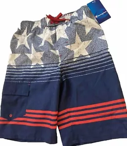 Champion Boys Size Medium 10-12 Nwt Blue White Stars Red Drawstring Swim Shorts - Picture 1 of 3