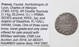 1365-1375 France Feudal Lyon Charles of Alençon Silver Double Tournois Coin - Picture 1 of 2
