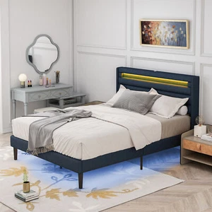 Queen Size Bedframe with LED Bedside Induction Light,Atmosphere Light Noise Free - Picture 1 of 17