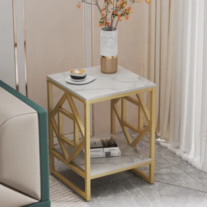 FATIVO 2 Tier White Marble Side End Table Golden Frame Lounge Sofa Beside Table - Picture 1 of 12
