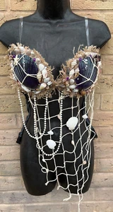 Stunning Mermaid Real Shell Bra Top Rave Dance Club Sparkle Net 34D PURPLE  (32) - Picture 1 of 17