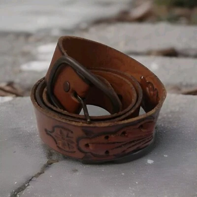 Genuine Tooled Cowhide Leather 36" Cognac Brown Floral Detail TexTan - Image 1 of 4