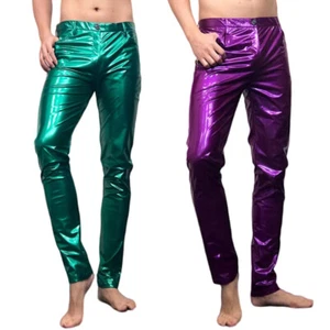 Mens Metallic Faux Leather PU Pants Skinny Trousers Stage Clubwear Showman - Picture 1 of 14