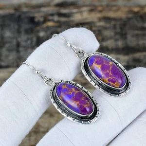 Unique Purple Turquoise Gemstone Handmade 925 Sterling Silver Jewelry Earring - Picture 1 of 4