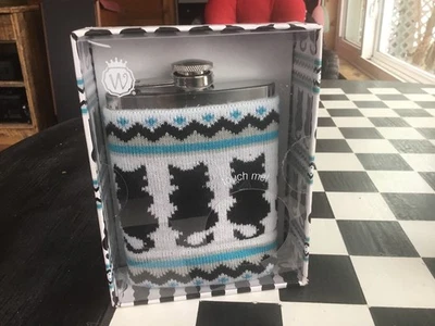 Acero inoxidable 7 oz. Frasco de cadera con cubierta de punto, gatitos negros, lindo para esquí Foto 1 de 2