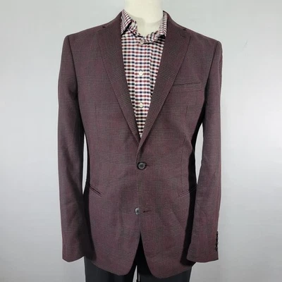 Bar III Men's Sport Coat Blazer Burgundy Black Plaid Poly Blend 42L SLIM FIT - Image 1 of 4