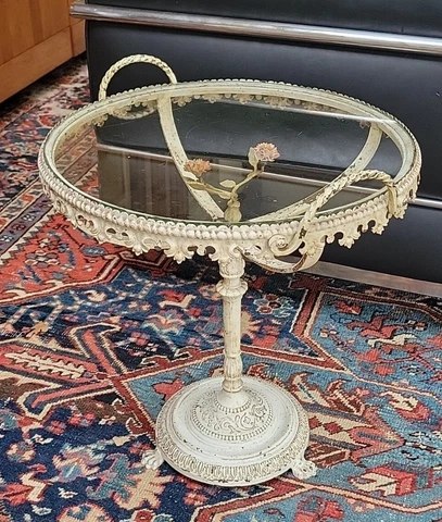 Vintage Cast Iron Glass Butler's Side Table Round Porcelain Flowers Cover