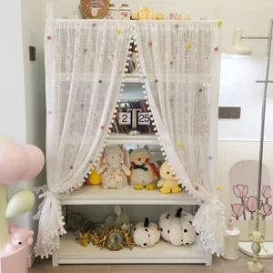 Self Adhesive Lace Mesh Curtain Cabinet Curtains Drape With 80pcs Pom Pom Ball - Picture 1 of 11