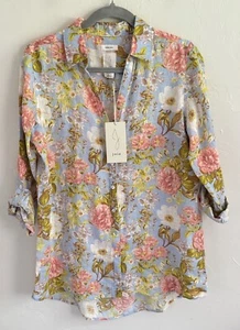 Joie Women's 100% Linen Roll Tab Sleeve Multicolor Floral Button Up Shirt Size S - Picture 1 of 14