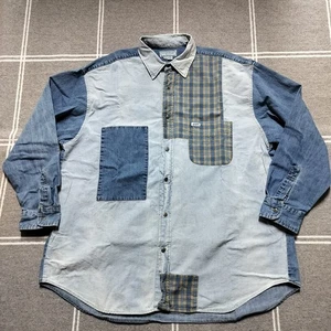 Vintage Guess Men's Medium Denim Patchwork Button Up Shirt Plaid Patch 80s 90s - Picture 1 of 9