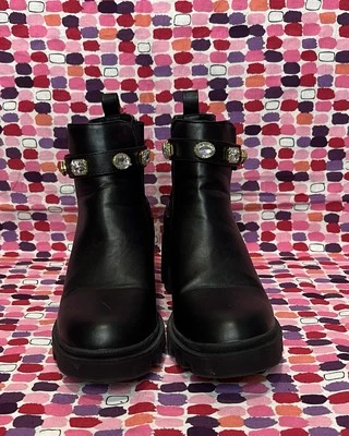 Nicole Miller Women’s Black Platform Chunky Heel Boots Rhinestone Strap Sz 8.5 Foto 1 de 4