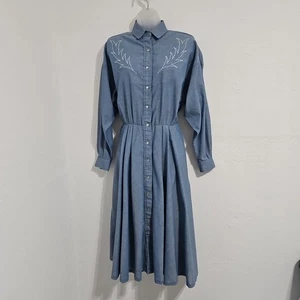 VTG 80s Western Pearl-snap Button Midi Long Sleeve Dress Size 12 Cowgirl Cowboy  - Foto 1 di 10