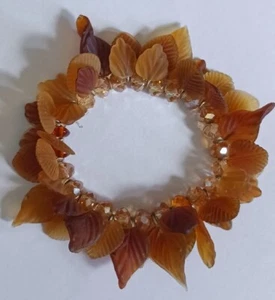 Brown Amber Glass Leaves Crystal Stretch Bracelet Handmade - Picture 1 of 4