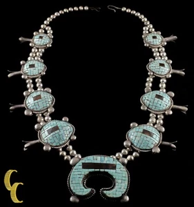 Collana In Argento Sterling Navajo Con Turchese E Mosaico Di Conchiglia Marrone - Foto 1 di 3