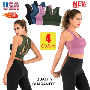 Women's Padded Removable Sports Bra Crewneck Hollow Mesh Back Yoga Gym Vest Tops - Picture 1 of 16