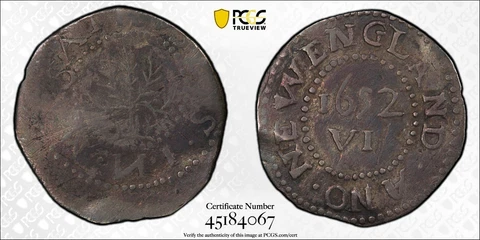 1652 Oak Tree 6 Pence IN on Obverse PCGS VF DETAIL TONED Colonial Us Coin RARE Cover