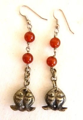 Pendientes colgantes artesanales vintage de 3" de plata de ley 925 cuentas de cornalina de pescado Foto 1 de 3