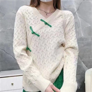 Damen Surplice Strickpullover Pullover Tops Einfarbig Frosch Knopf Locker - Bild 1 von 9