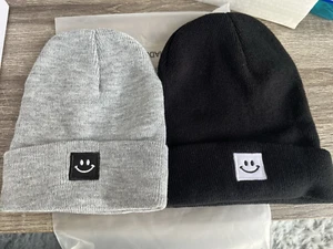 2 Pack Baby Beanie Knit Toddler Hat Unisex with Smiley Face - Black and Grey - Picture 1 of 4