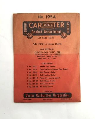 Genuine Carter 195A  Carburetor Gasket Set 50-51 Buick "40-50" "70" (See Desc) - Image 1 of 3
