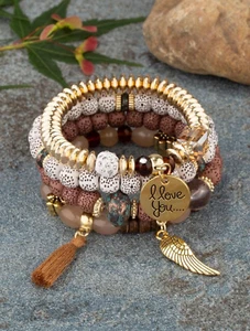 Conjunto de pulsera con cuentas y borlas verdes oliva con cuentas y dijes para mujer 4 piezas - Imagen 1 de 17