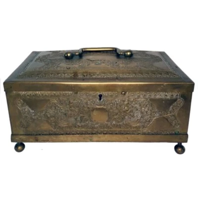 Antique Anglo Indian Chased Brass Casket Desk Box c. 1860-70 - Image 1 of 4