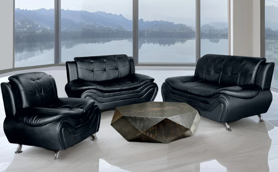 *PRICE DROP* Black Leather Gel 3PC Sofa Set Contemporary Modern Living Furniture - Image 1 of 1