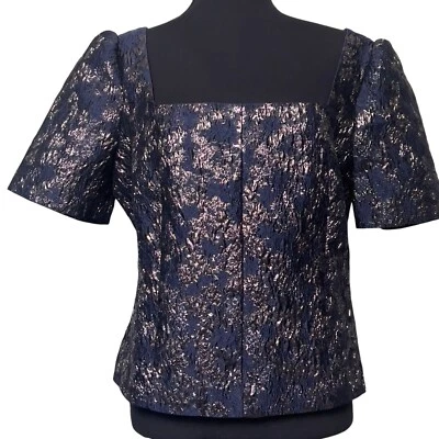 Club Monaco Brocade Puff Sleeve Chemise Navy Base Bleu Marine Size 12 Metallic - Image 1 of 4