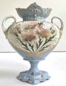 Vintage RS Prussia RVG76 Mold Gilded Pink Floral Art Nouveau Pedestal Vase Blue - Picture 1 of 23